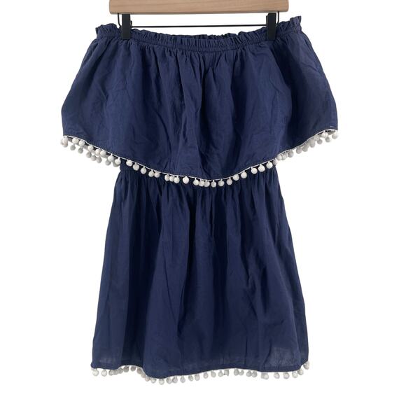 MUD PIE Dress Small Strapless Navy Pom Pom Nautical Coastal 100% Cotton Casual - Picture 1 of 13